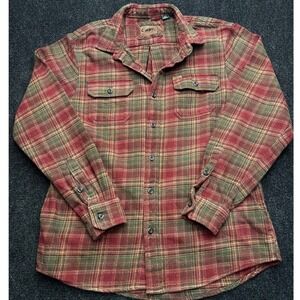 Orvis Mens Flannel Shirt Medium Red Green Plaid Long Sleeve Heavyweight